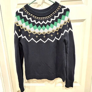 J. Crew‎ Factory Navy Green Gold Long Sleeve Fair Isle Fisherman Sweater Small